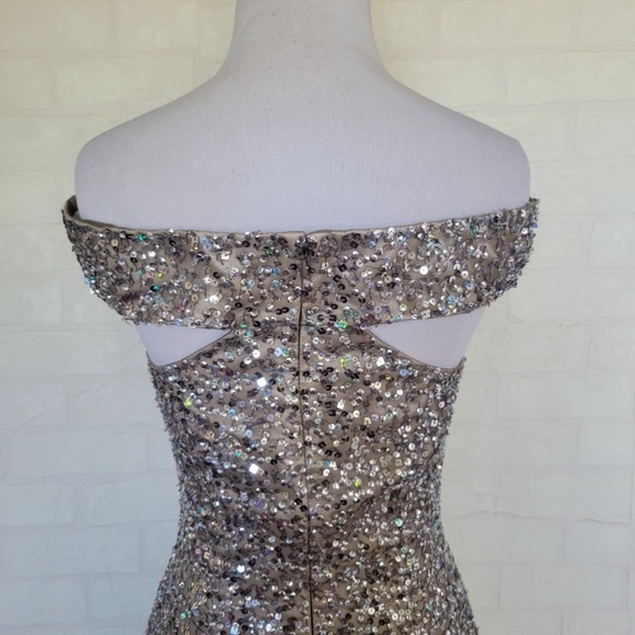 Scala Off the Shoulder Sequin Silver Silk Dress - Picture 7 of 12